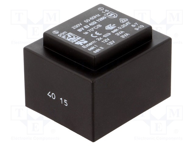 Transformador encapsulado 6VA 230VCA 2x12V 2x250mA. Mod. BVEI4221260-14802.jpg