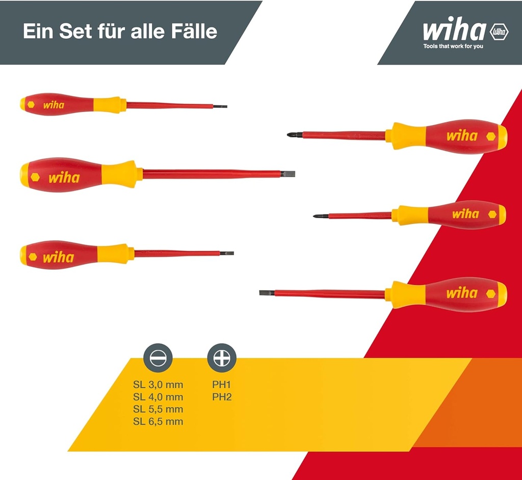 Juego de destornilladores Softfinish planos y Philips 6 unidades Wiha. Mod. WH00833