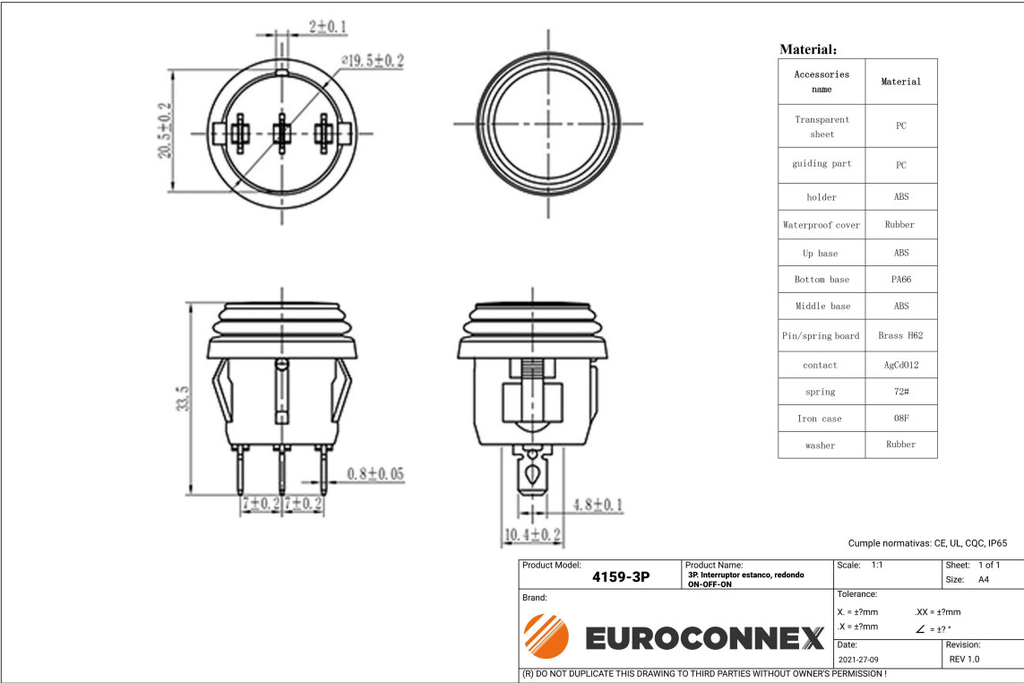 Interruptor 3 posiciones ON-OFF-ON estanco negro 6A 250VAC. Mod. 4159-3P