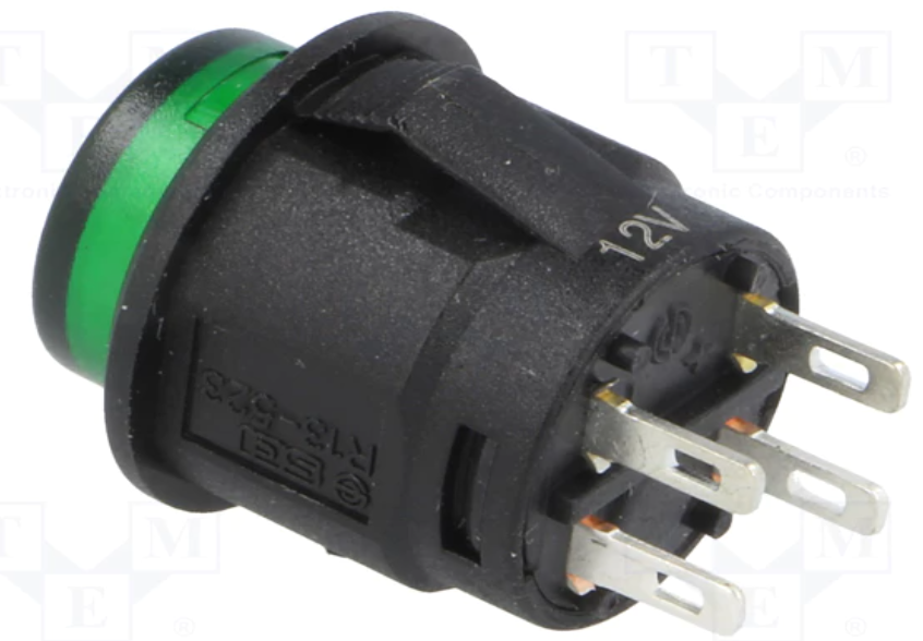 Pulsador interruptor redondo LED verde 12VDC 1,5A/250VCA. Mod. R13-523BL-05-BGL1