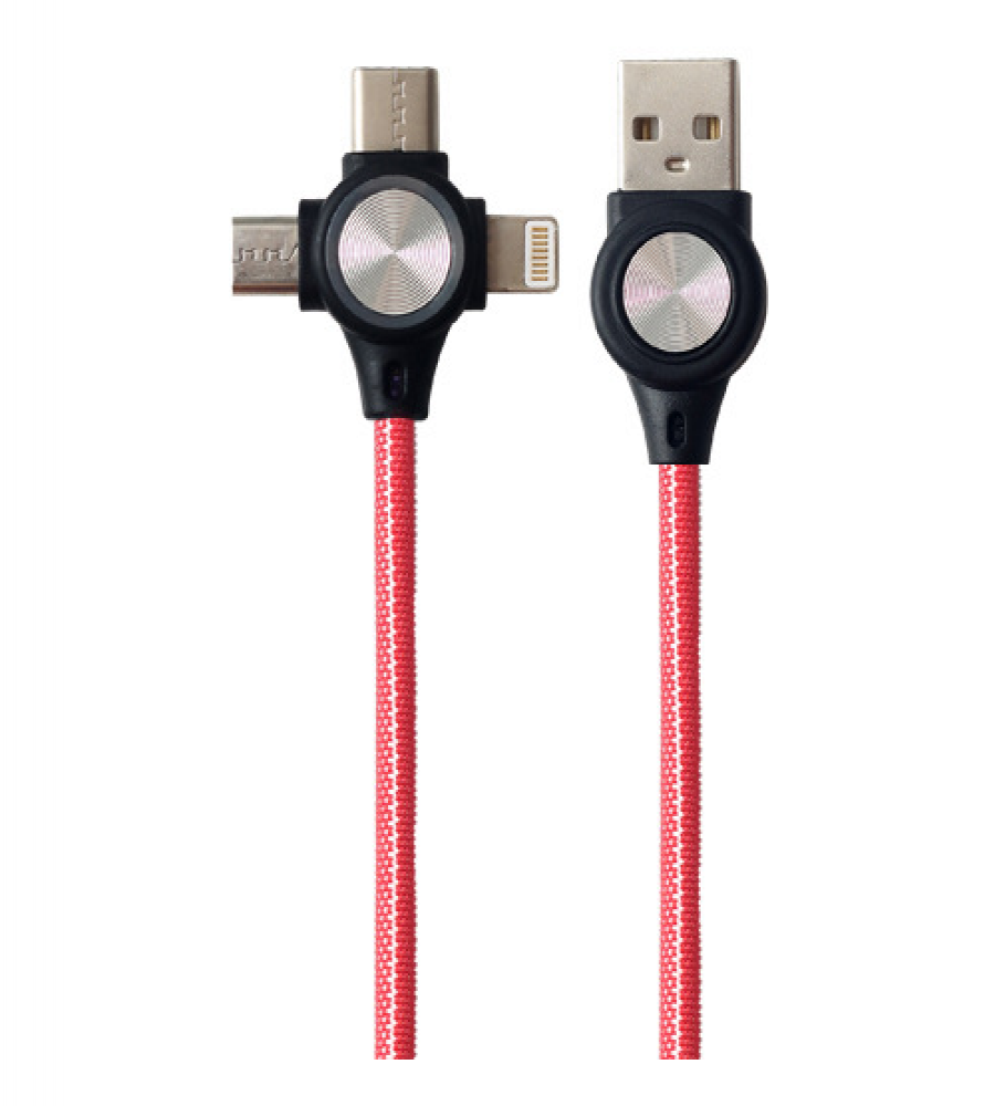 Conexión USB macho 3 en 1 micro USB, lighting y tipo C 2A 1metro. Mod. IN40-00032