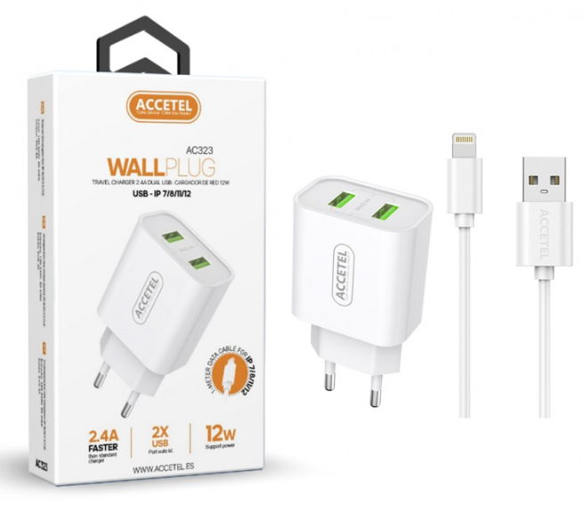 Cargador Pared Dual USB - Cable Lightning. Mod. AC323