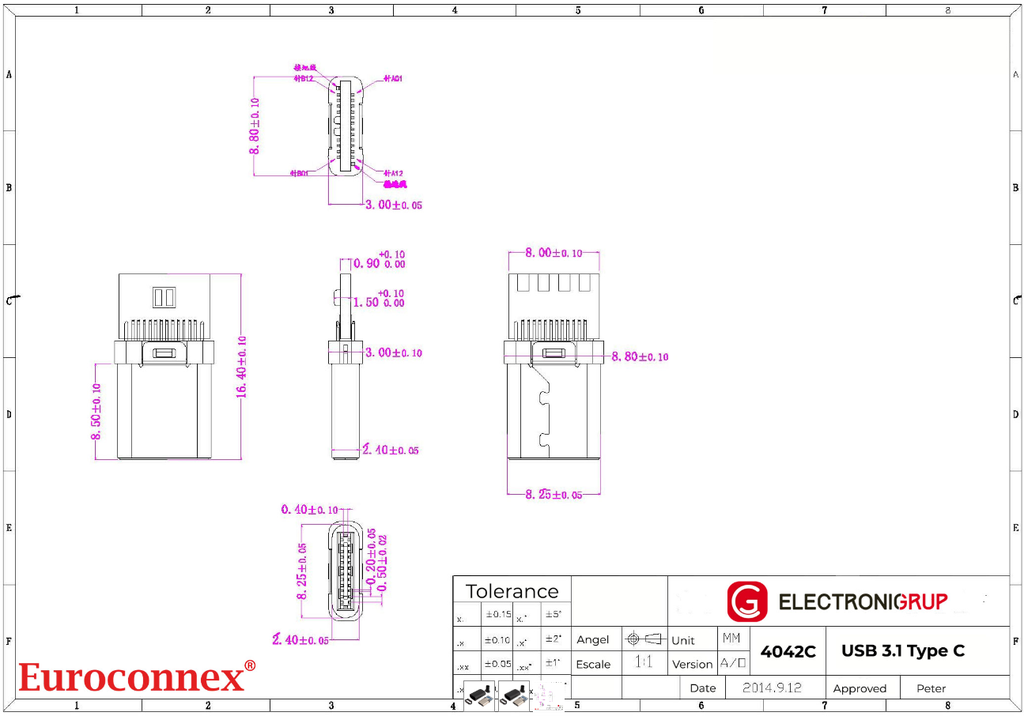 Conector macho USB tipo C 3.1 aéreo soldar. Mod. 4042C