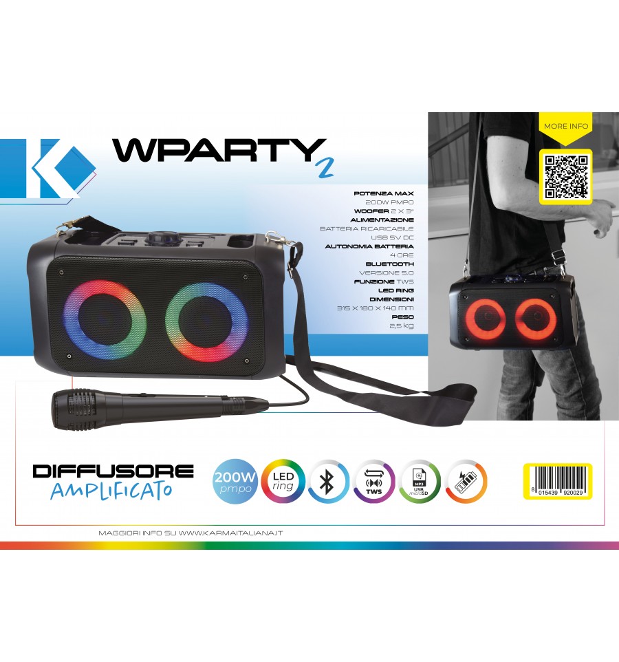 Altavoz portátil de 20 W Rms. Max (200W). con batería recargable Karma. Mod. WPARTY 2