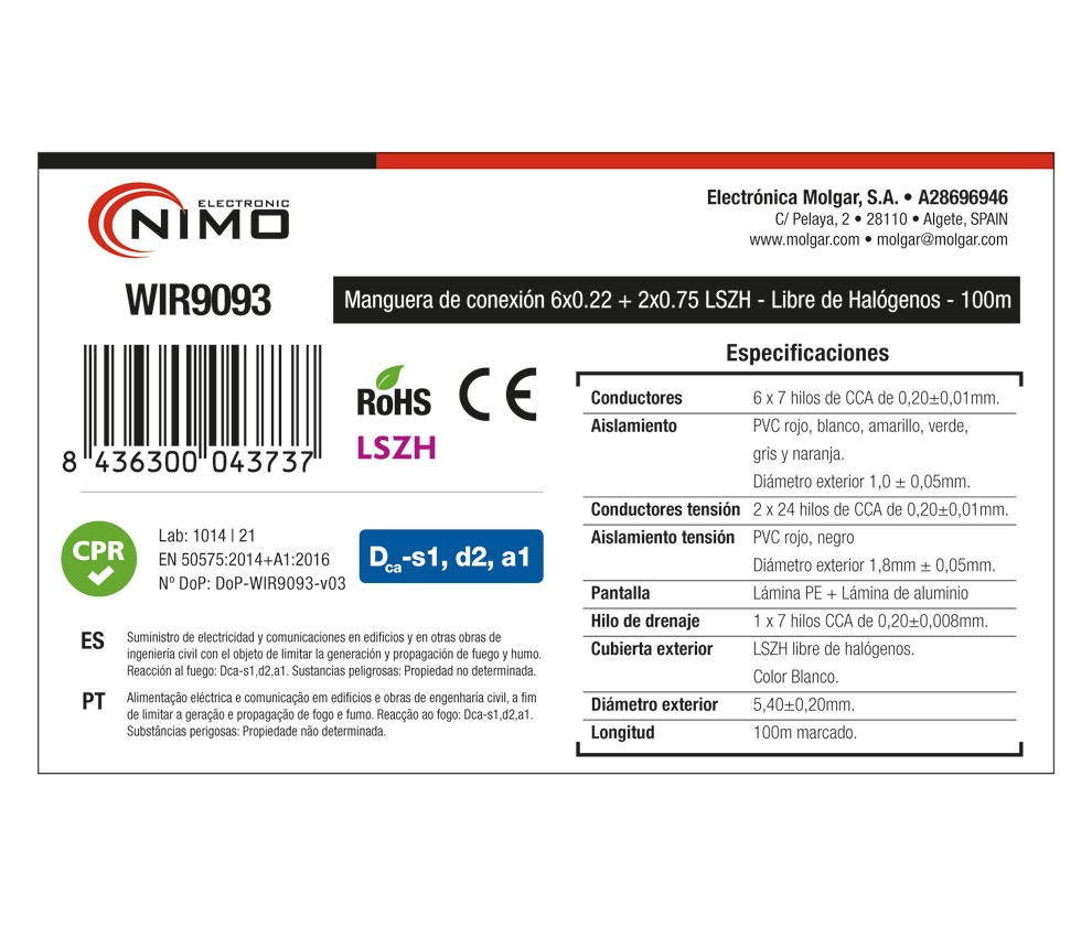 Manguera alarma y portero 6x0.22 + 2x0.75mm2 apantallado. Mod. WIR9093