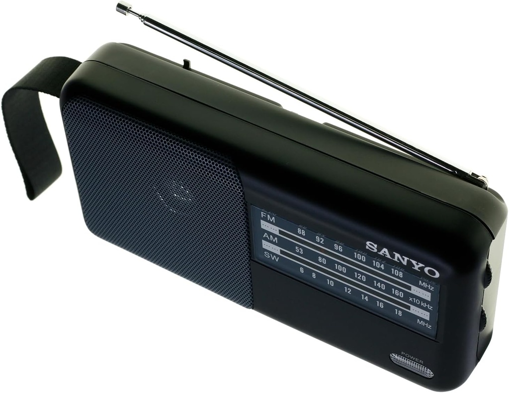 Radio analógica sobremesa negra a pilas Sanyo. Mod. KS120P