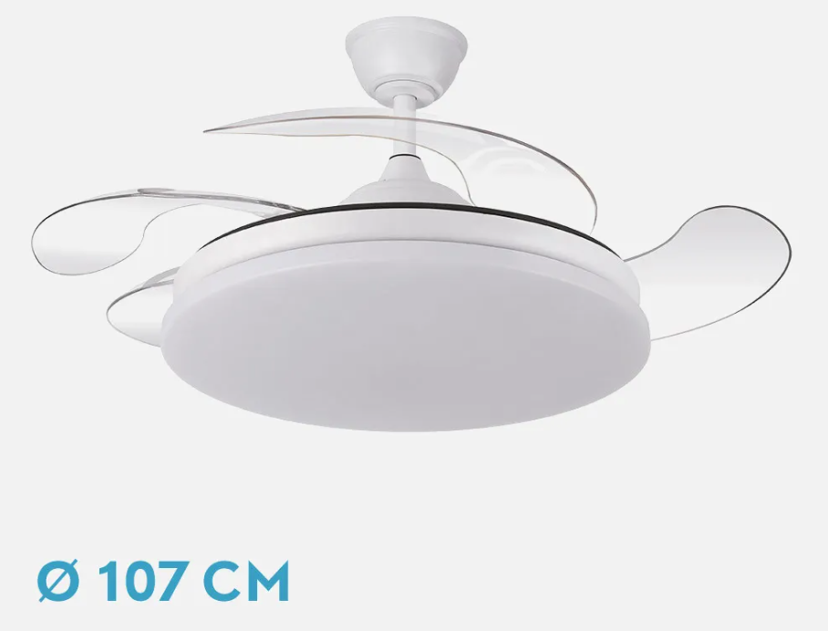 Ventilador de techo aspas retráctil 59W motor DC CCT Tridente blanco. Mod. 236391301
