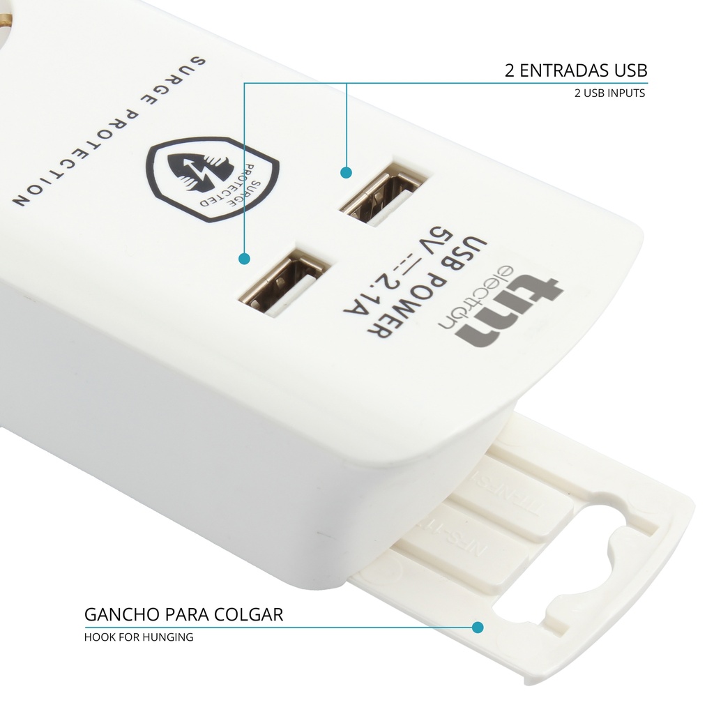 Base múltiple 6 tomas con 2 USB 1.4M blanca. Mod. TMUAD306