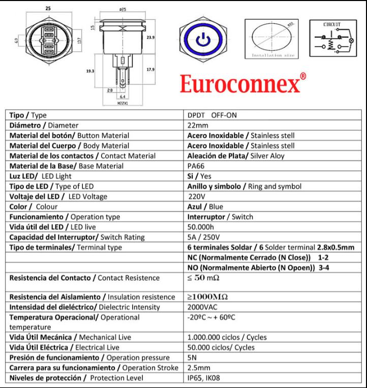 Interruptor Anti-vandálico, OFF-ON [2xSPST], LED y símbolo 220V Azul. Mod. 4193-220AZ