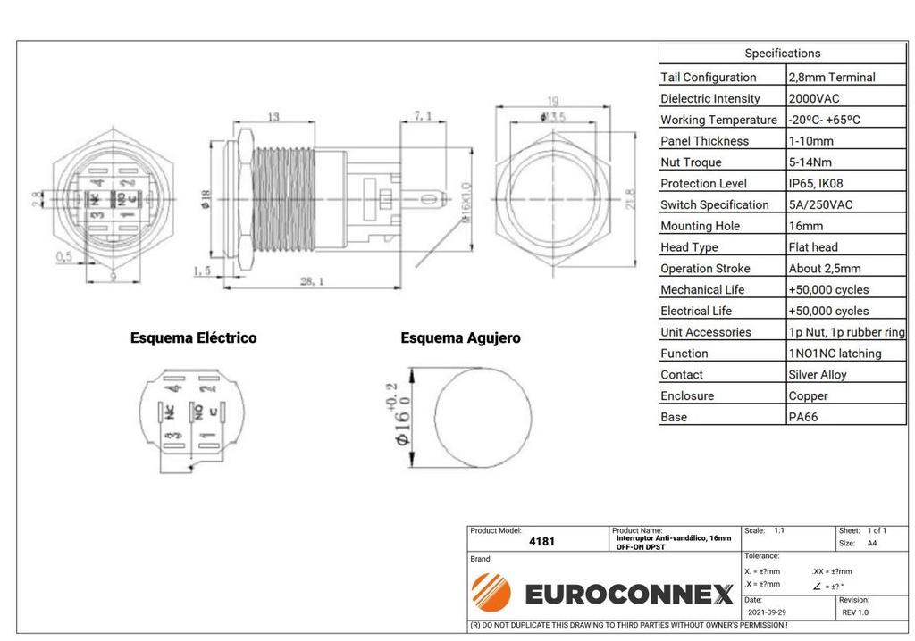 Interruptor Anti-vandálico, OFF-ON SPDT 16mm. Mod. 4181