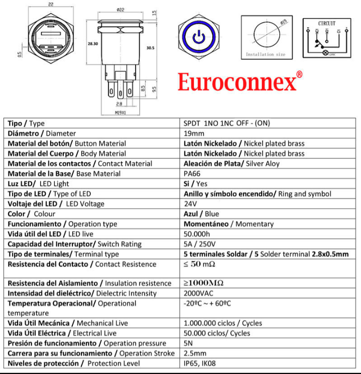 Pulsador 19mm 24VDC LED azul 5A 250V. Mod. 4189-24AZ