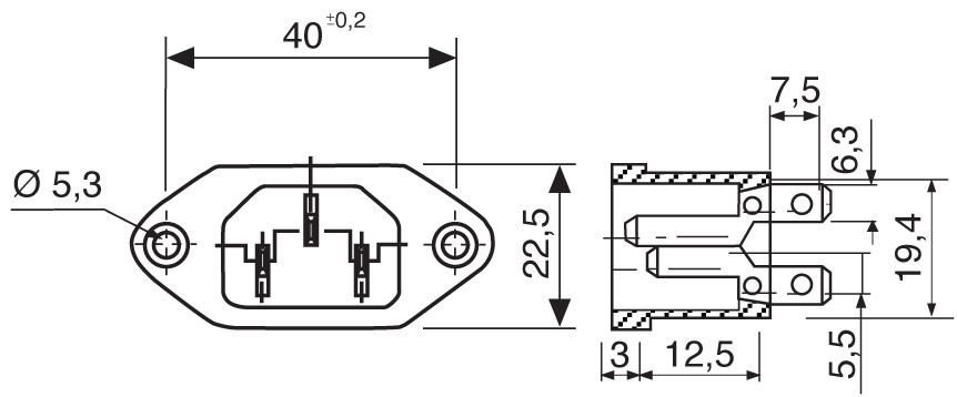 Conector Base macho IEC320/CEE22. 10 A./250 V. Fijación a tornillo. Faston 6,3mm. Mod. 182663-1385.jpg