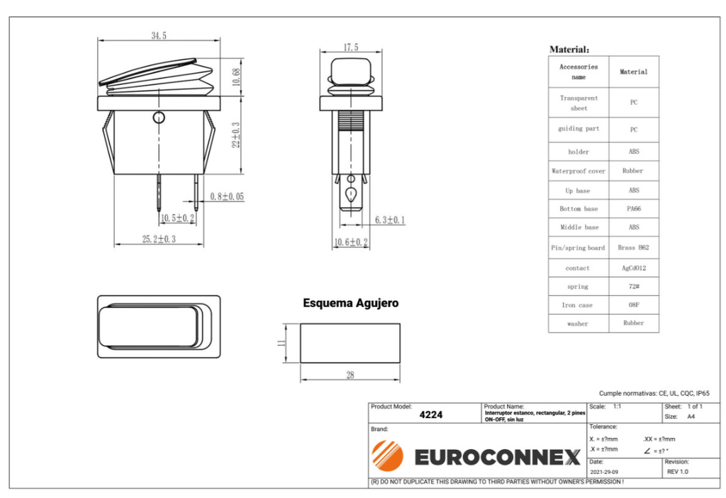 Interruptor 2 posiciones estanco OFF-ON 15A 250V. Mod. 4224