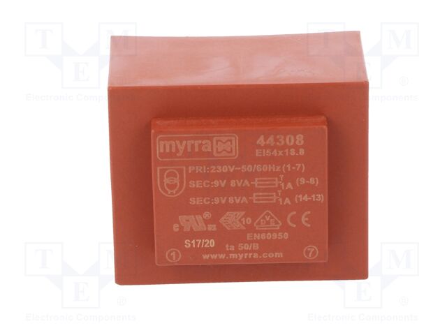 Transformador encapsulado 2x9V 2x889mA 16VA MYRRA. Mod. 44308