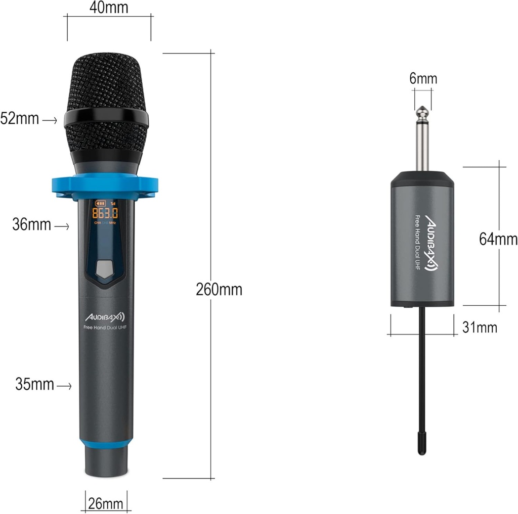 2 Micrófonos de Mano inalámbricos UHF Unidireccional Audibax. Mod. MISSOURI