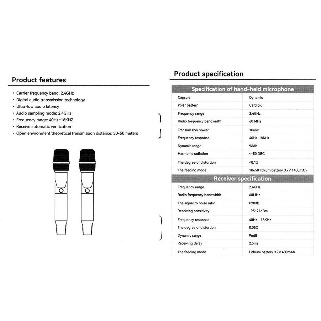 Pack de 2 Micrófonos Inalámbricos 2.4G Recargables HiFuture. Mod. WM100
