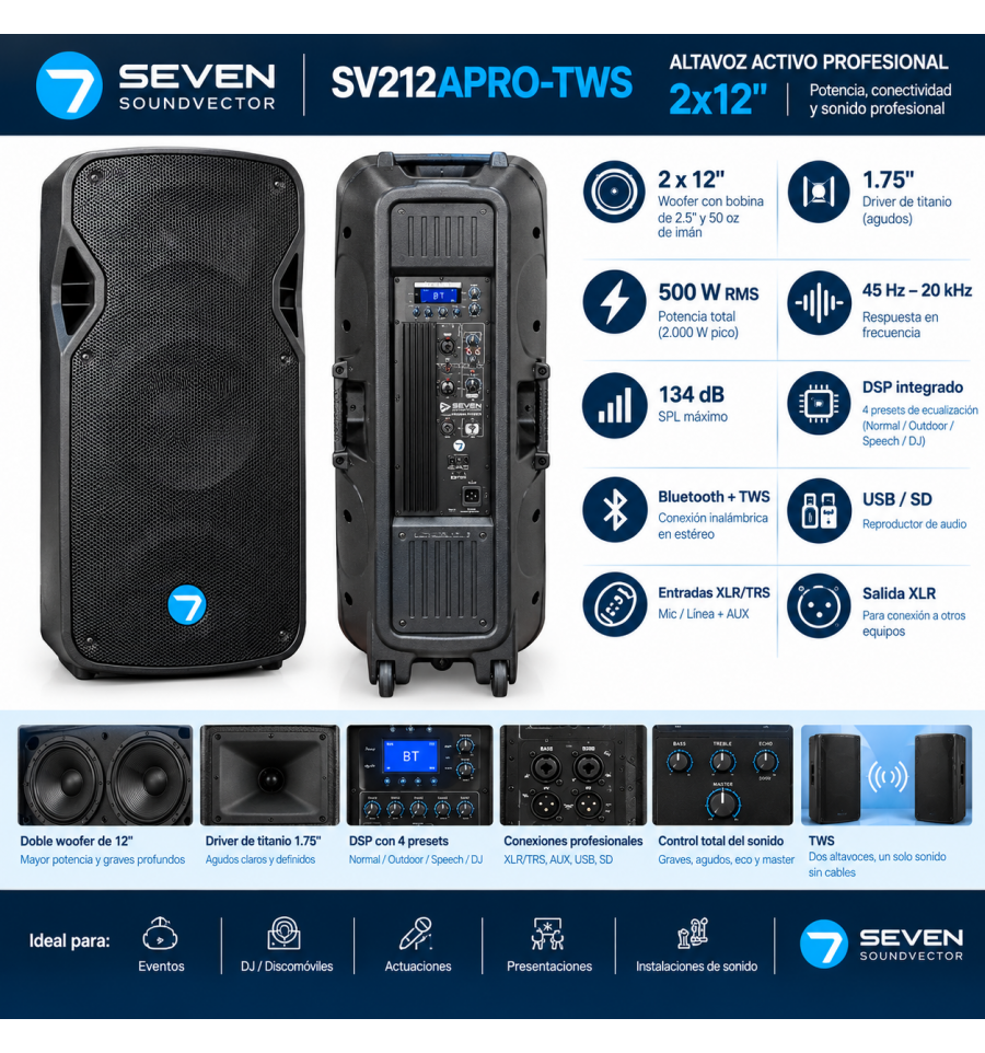 Altavoz autoamplificado 2X12" MP3/BT 2000W SEVEN. Mod. SV212APRO-TWS