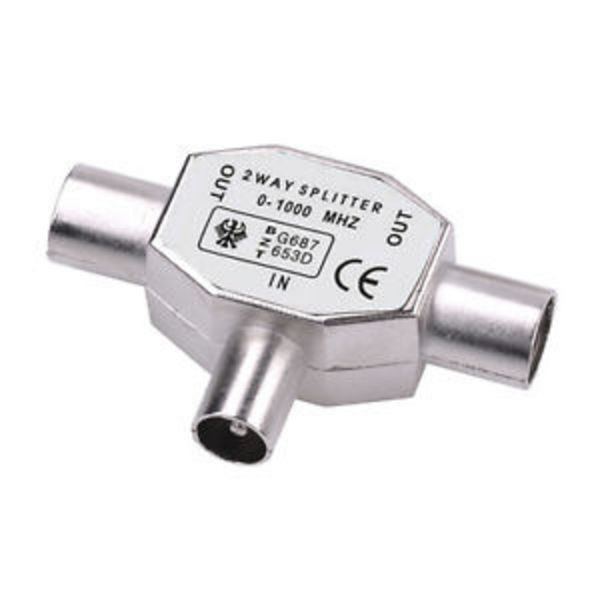 Adaptador Mezclador-Distribuidor TV 1 Macho a 2 Hembras. Inductivo. Metalico blindado. Mod. 0142-M