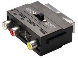 Conector Adaptador euroconector macho a 3 RCA + MINI-DIN 4C. (S-Video) con conmutador IN/OUT. Mod. 92210