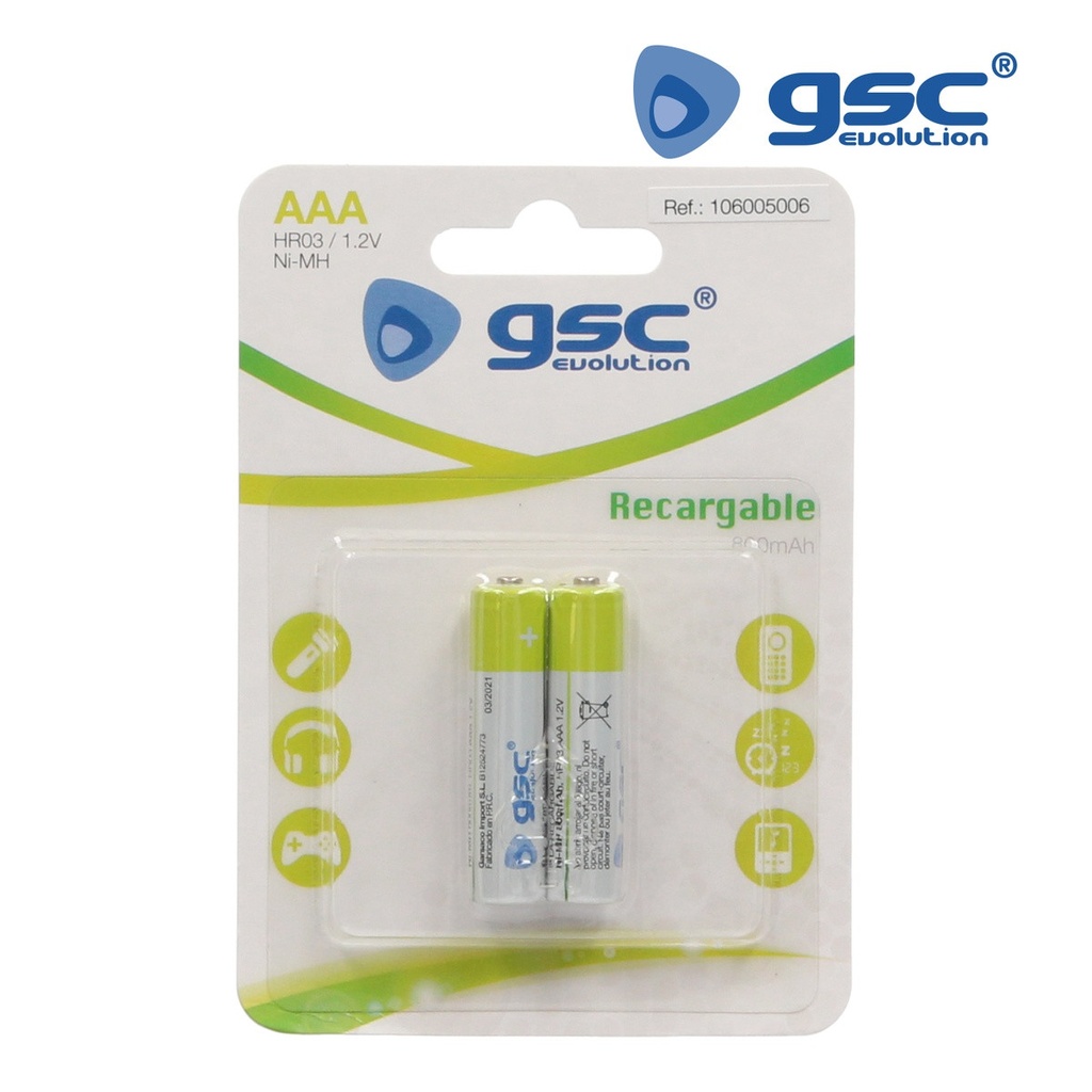 Pack 2 unidades pila recargable HR03 AAA 1.2V 800mAh GSC. Mod. 106005006