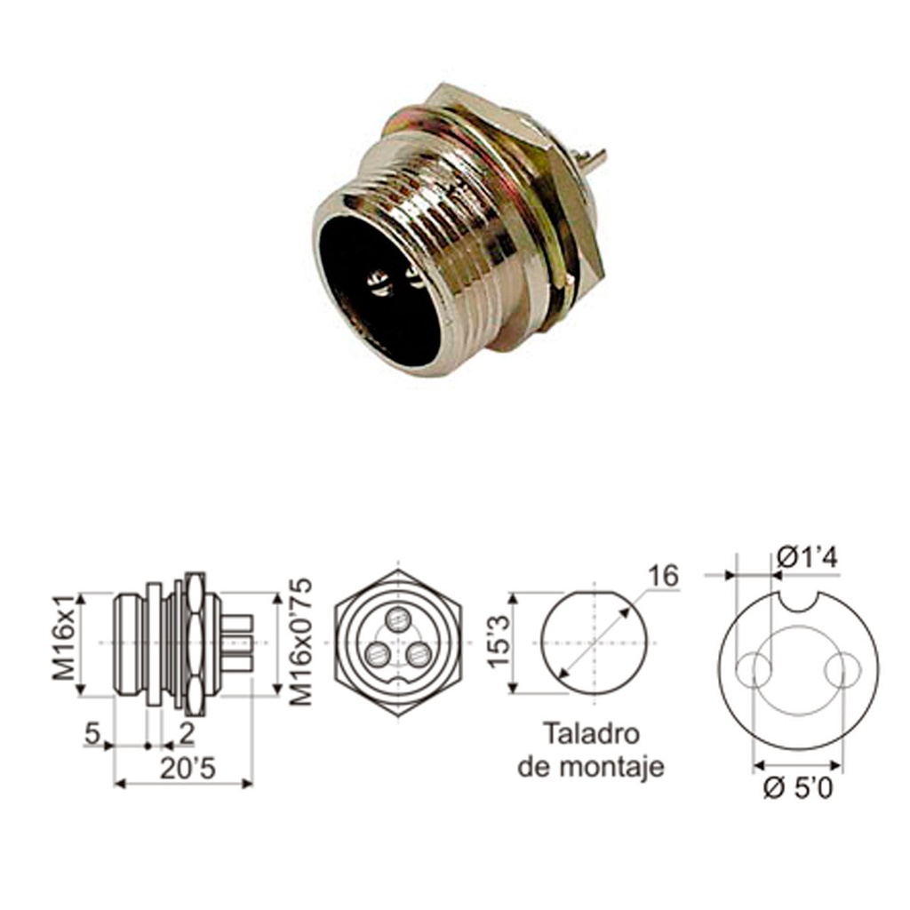 Conector macho chasis 2 pines 15042. Mod. 11-002 2P