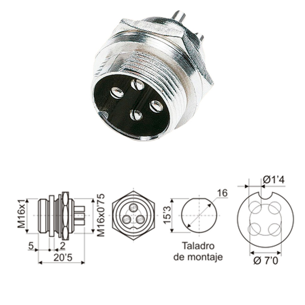 Conector macho chasis 4 pines 1184. Mod. 11-002 4P