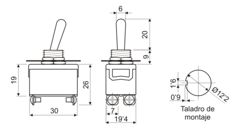 Interruptor palanca bipolar tornillo ON-OFF 10A 250VAC. Mod. TSP201AAA1