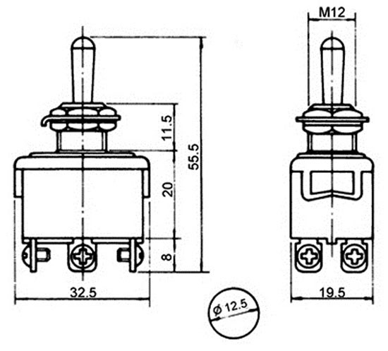 Interruptor palanca 6P. CON RETORNO (ON)-OFF-(ON) 250V. 10A. Mod. 2207