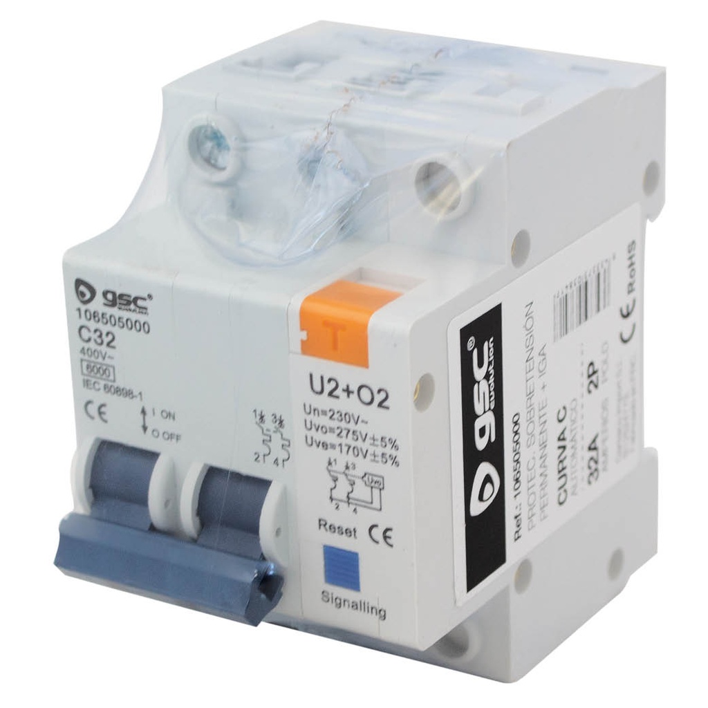 Protector sobretensión permanente + IGA 2P 32A. Mod. 106505000