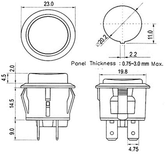 Interruptor luminoso ON-OFF 250V 6A Ø 20mm ROJO. Mod. 3620R