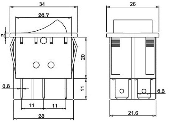[3818RELG] Conmutador c/ luz 6P. (DPDT) ON-ON, 250V. 10A, rojo. Mod. BR7000013