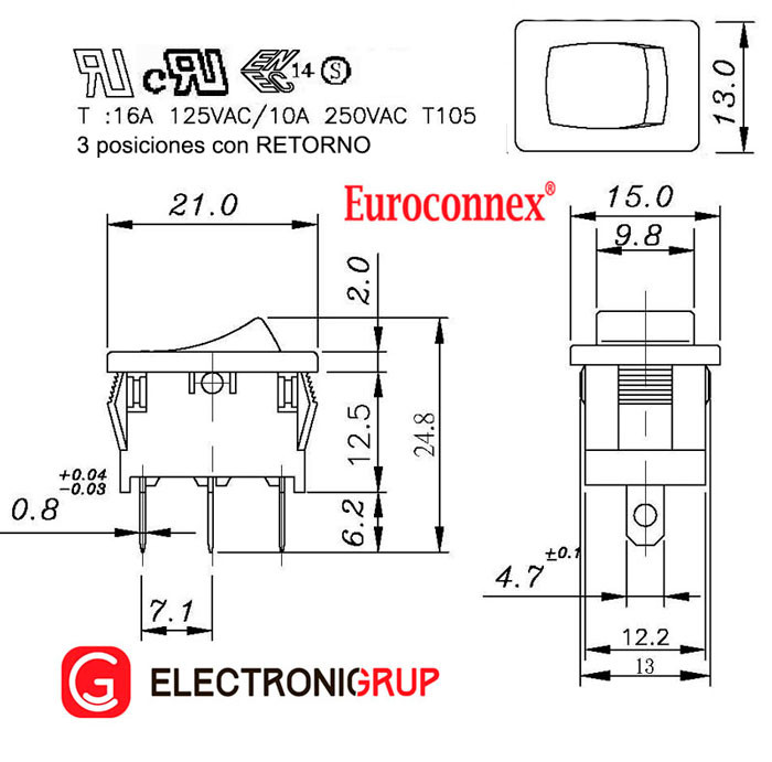 INTERRUPTOR 3P. (SPDT) (ON)-OFF-(ON), 250V. 6A, CON RETORNO. MOD. 3999