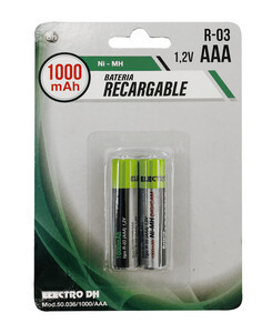 Pack 2 baterías recargables de NI-MH AAA 1000mAh. Mod. 50.036/1000/AAA