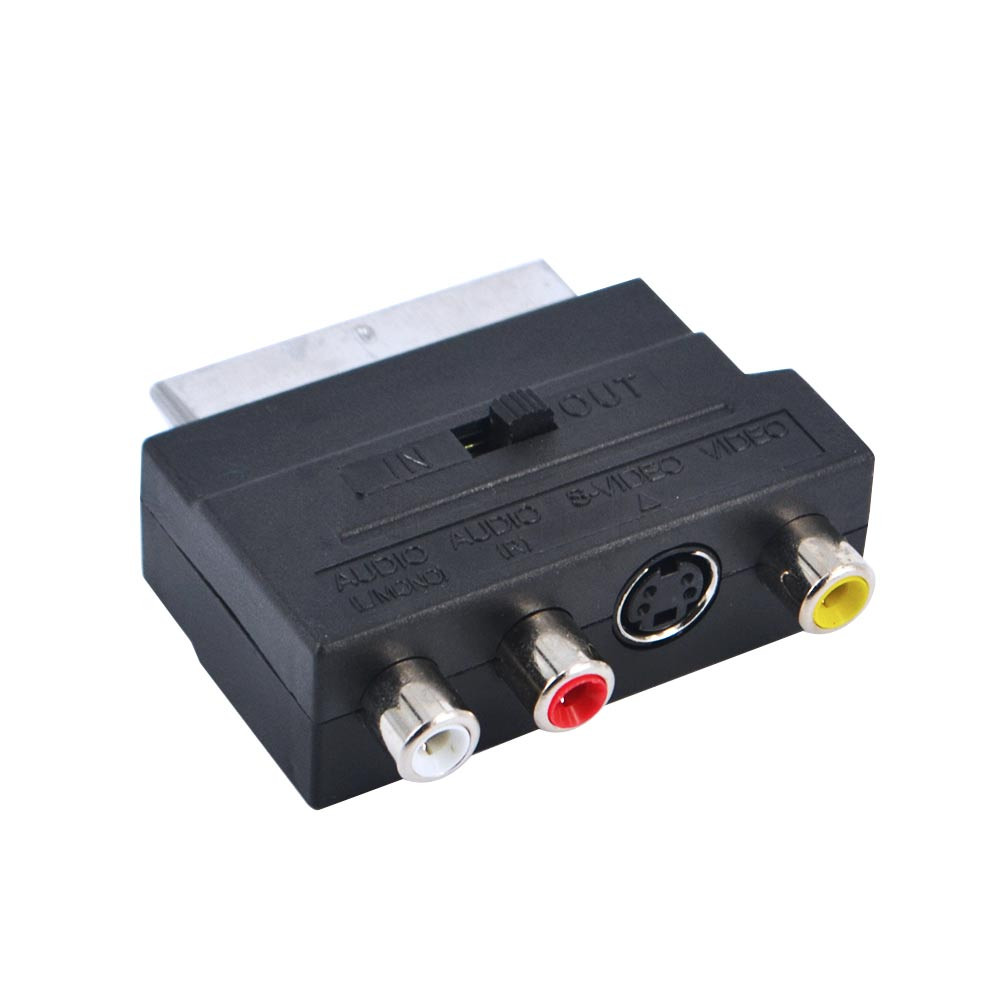 Conector Adaptador euroconector macho a 3 RCA + MINI-DIN 4C. (S-Video) con conmutador IN/OUT. Mod. 92-210