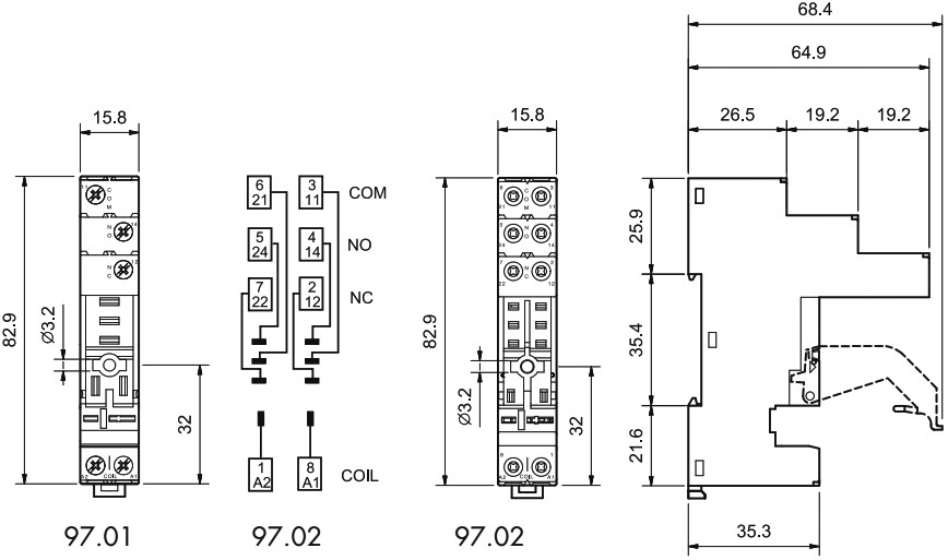 Zócalo relé 5 pin 16A 250VCA DIN Finder. Mod. 97.01SPA