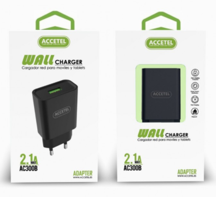 Cargador móvil USB 2.1A negro Accetel. Mod. AC300B