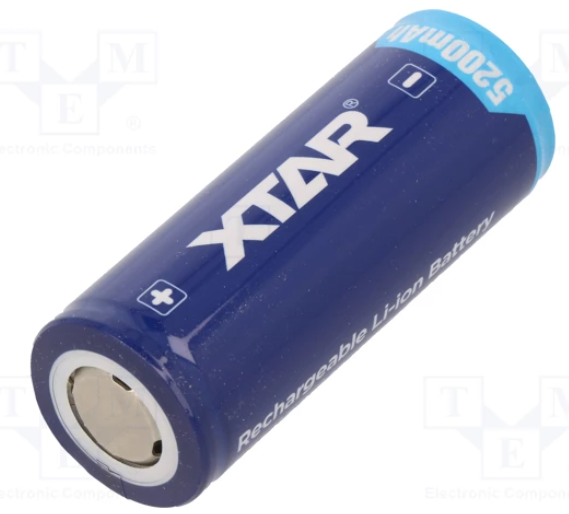 Batería Li-Ion 26650 3,6V 5200mAh Ø26,6x68mm 7A. Mod. ACCU-26650-5.2-7A
