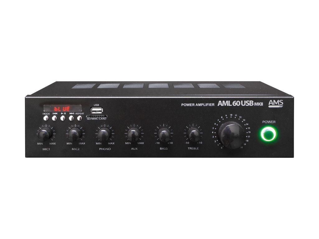 Amplificador 8 Oh y L100V 60W USB FM Bluetooth AMS. Mod. AML 60 USB MKII
