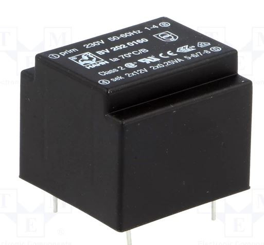 Transformador encapsulado 0.5VA 230VCA 2x12V 2x21mA. Mod. BV 202 0160