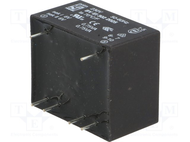 Transformador cerrado 1,5VA 230VCA 2x6V 125mA 70g. Mod. BV EI 302 2025