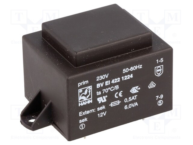 Transformador encapsulado 6VA 230VCA 12V 500mA. Mod. BVEI4221224