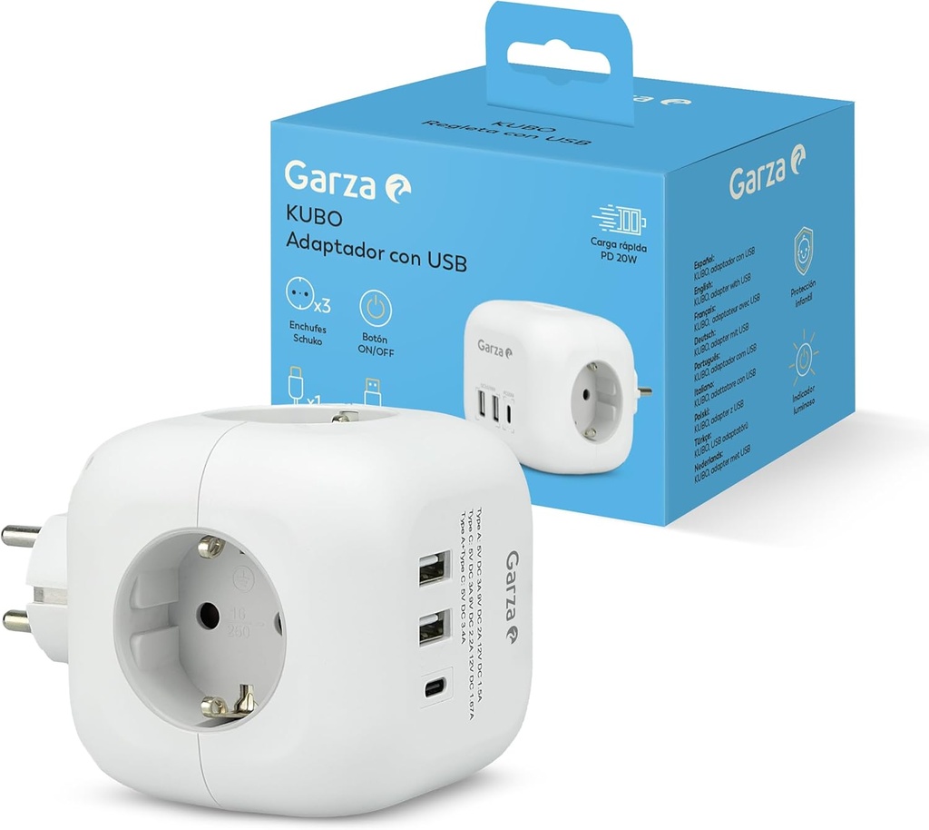Adaptador enchufe 3 tomas 2USB+USB C Kubo Garza. Mod. 420063C