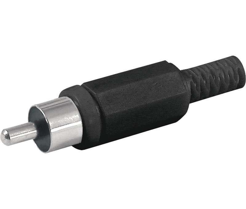 Conector RCA macho con protector de cable negro. Mod. AU7000003