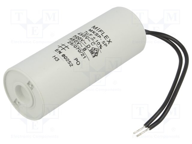 Condensador para motores de trabajo 7uF 450V Ø30x78mm ±10%. Mod. I150V570K-G1