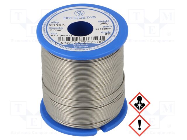 Hilo de estaño 60Sn-40Pb 2mm c/resina 250g Brofil. Mod. B26014