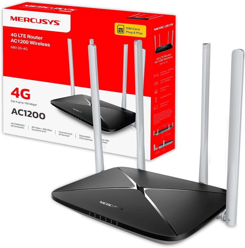 Router 4G Wifi SIM CAT4 AC1200 Mercusys. Mod. MB135-4G