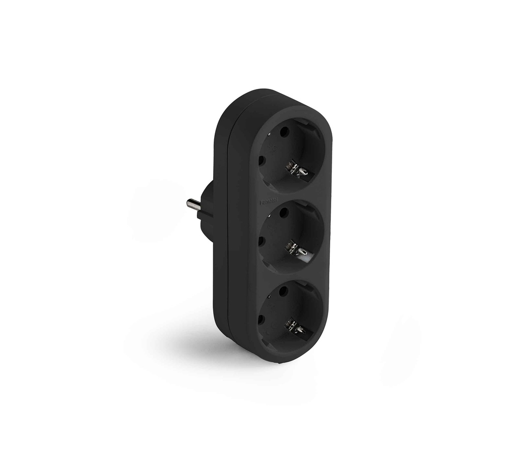 Adaptador enchufe triple 3x2P+T de entrada frontal negro Famatel. Mod. 1333-N
