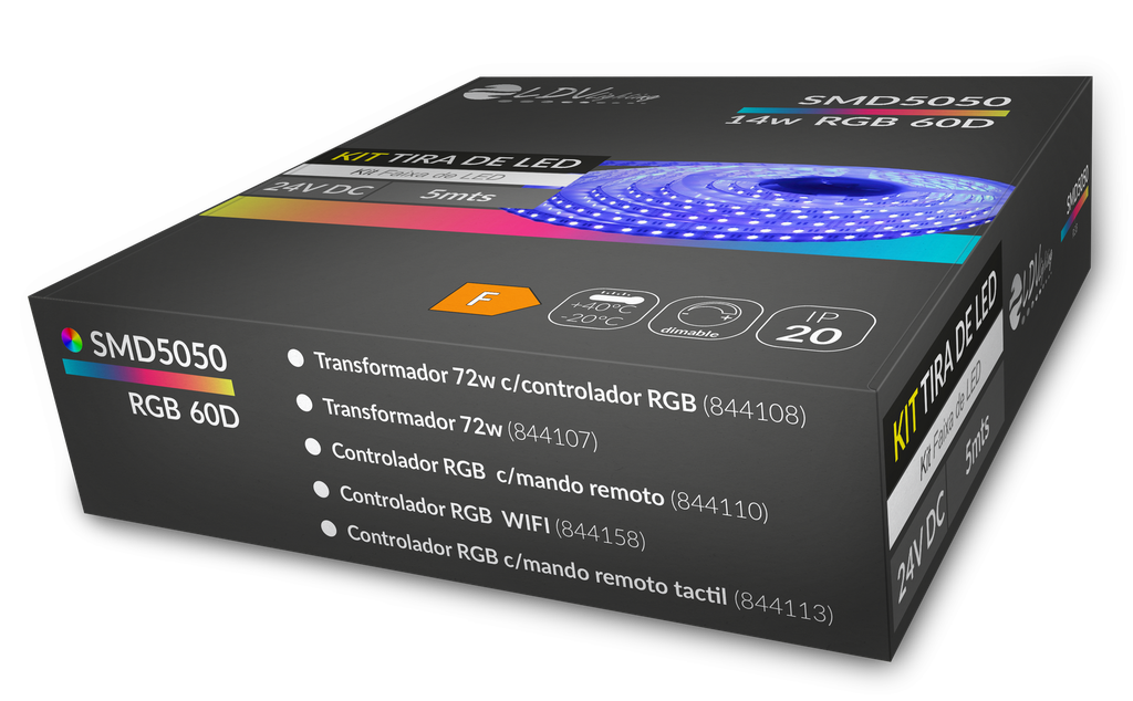 KIT TIRA DE LED SMD5050 60D 14w RGB DC24V IP20 5mts + TRANSFORMADOR 72W Y CONTROLADOR C/ ENCHUFE. Mod. K1-505060RGB