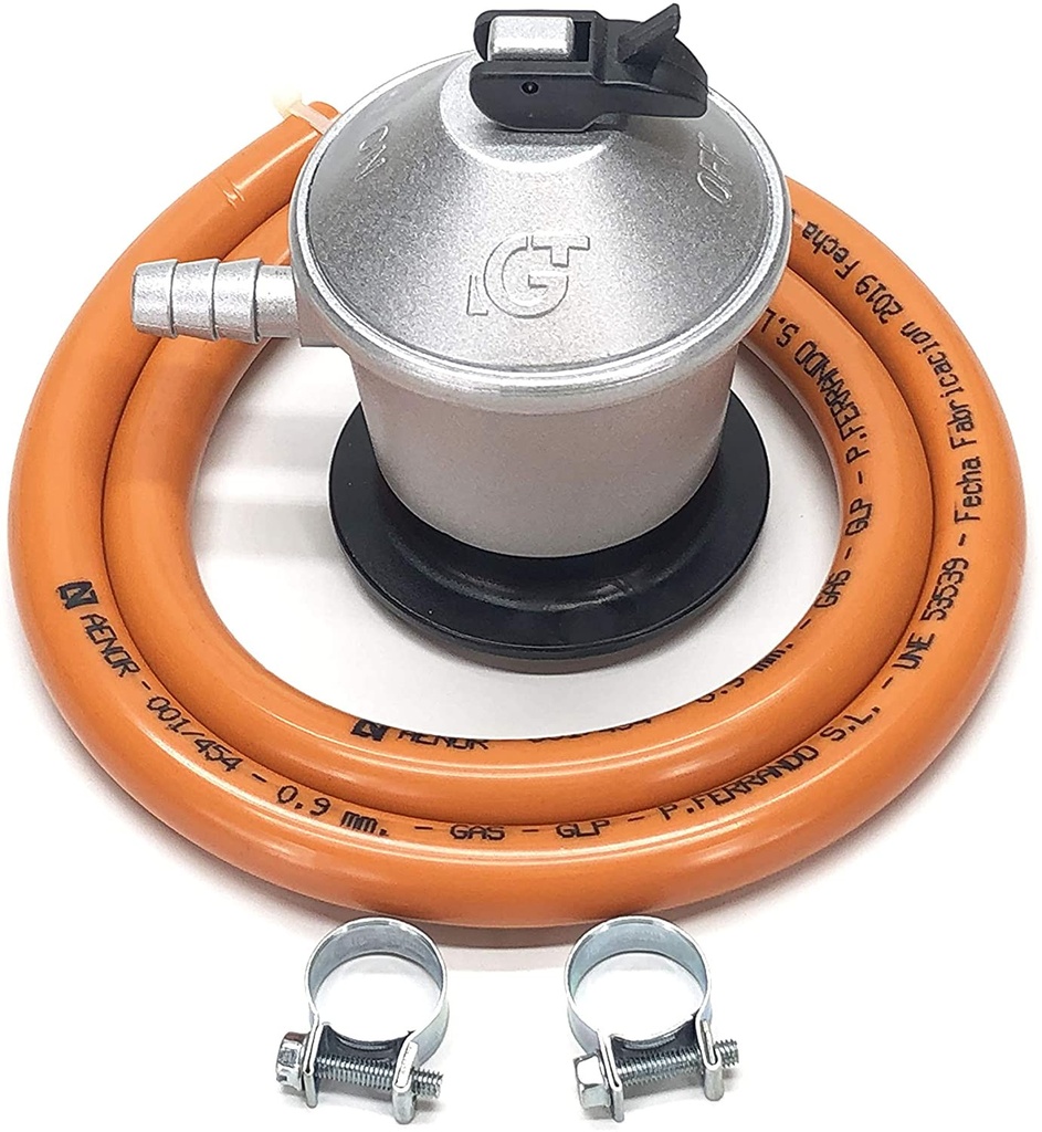 KIT recambio homologado butano (REGULADOR + MANGUERA FLEXIBLE 1,5M + 2 ABRAZADERAS). Mod. 44UN0011