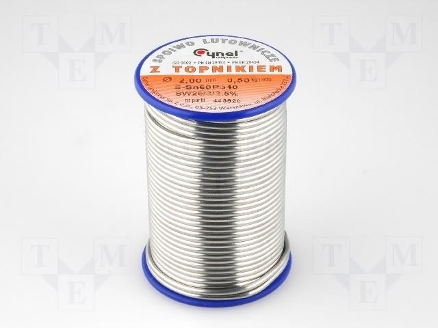 Bobina estaño Sn60Pb40 2mm 0,5kg 190°C 2,5%. Mod. LC60-2.00/0.5